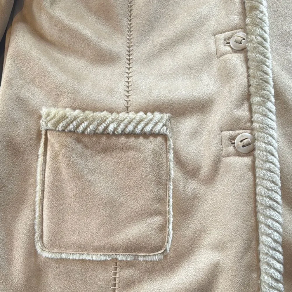 Women’s Vintage St John’s Bay Tan Faux Suede Hooded Coat Faux Fur Lined Size L
